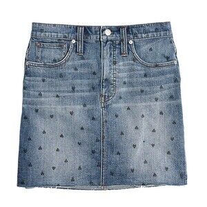 Madewell Skirt Stretch Denim Straight Mini Jean Pencil Skirt Heart Print Size 27